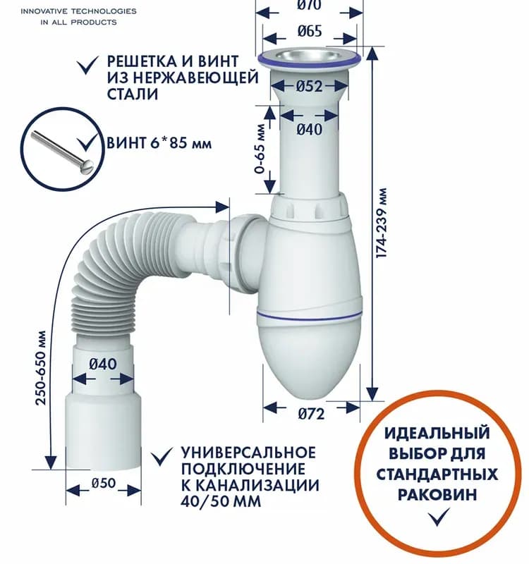 Unicorn сифон для двойной кухонной мойки