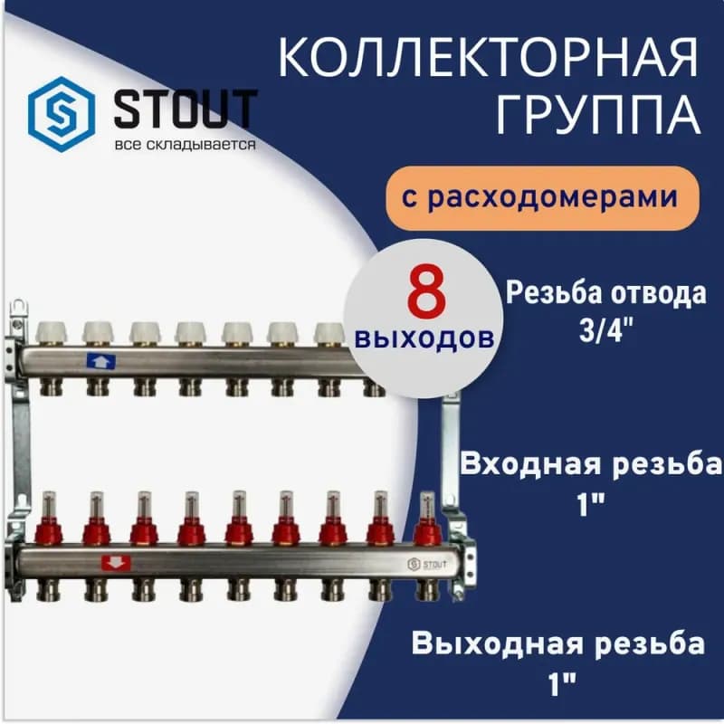 Stout коллектор с расходомером нержавеющий 8 выходов