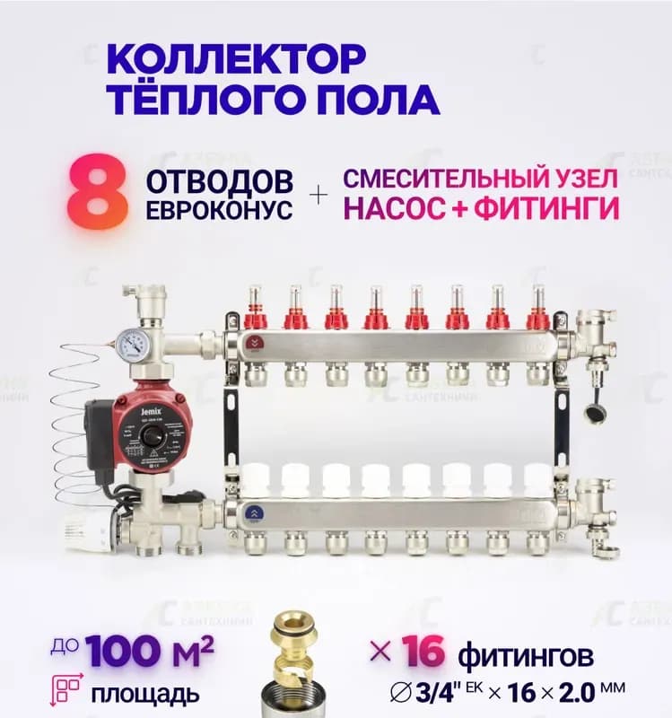 Tim коллектор с расходомером квадратный 2 выходов нержавеющий
