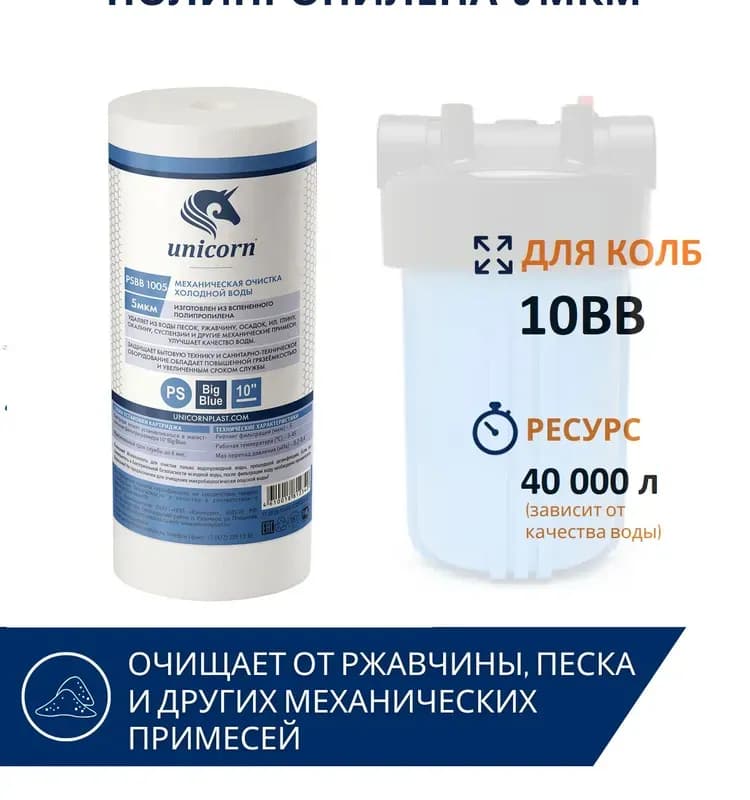 Картридж для механической очистки воды Unicorn "PSBB 2005", для корпуса типа Big Blue 20", 5 мкм